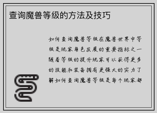 查询魔兽等级的方法及技巧