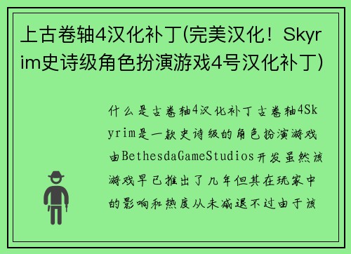 上古卷轴4汉化补丁(完美汉化！Skyrim史诗级角色扮演游戏4号汉化补丁)